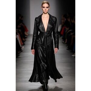 GIAN MORI Black Genuine Leather Maxi Coat  Runway Style Made in Europe, Belted S